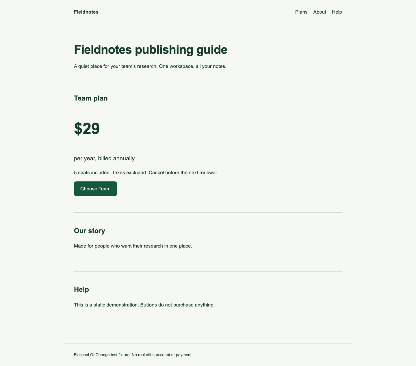 The fictional Fieldnotes publishing guide looks unchanged after the robots meta directive is changed to noindex.