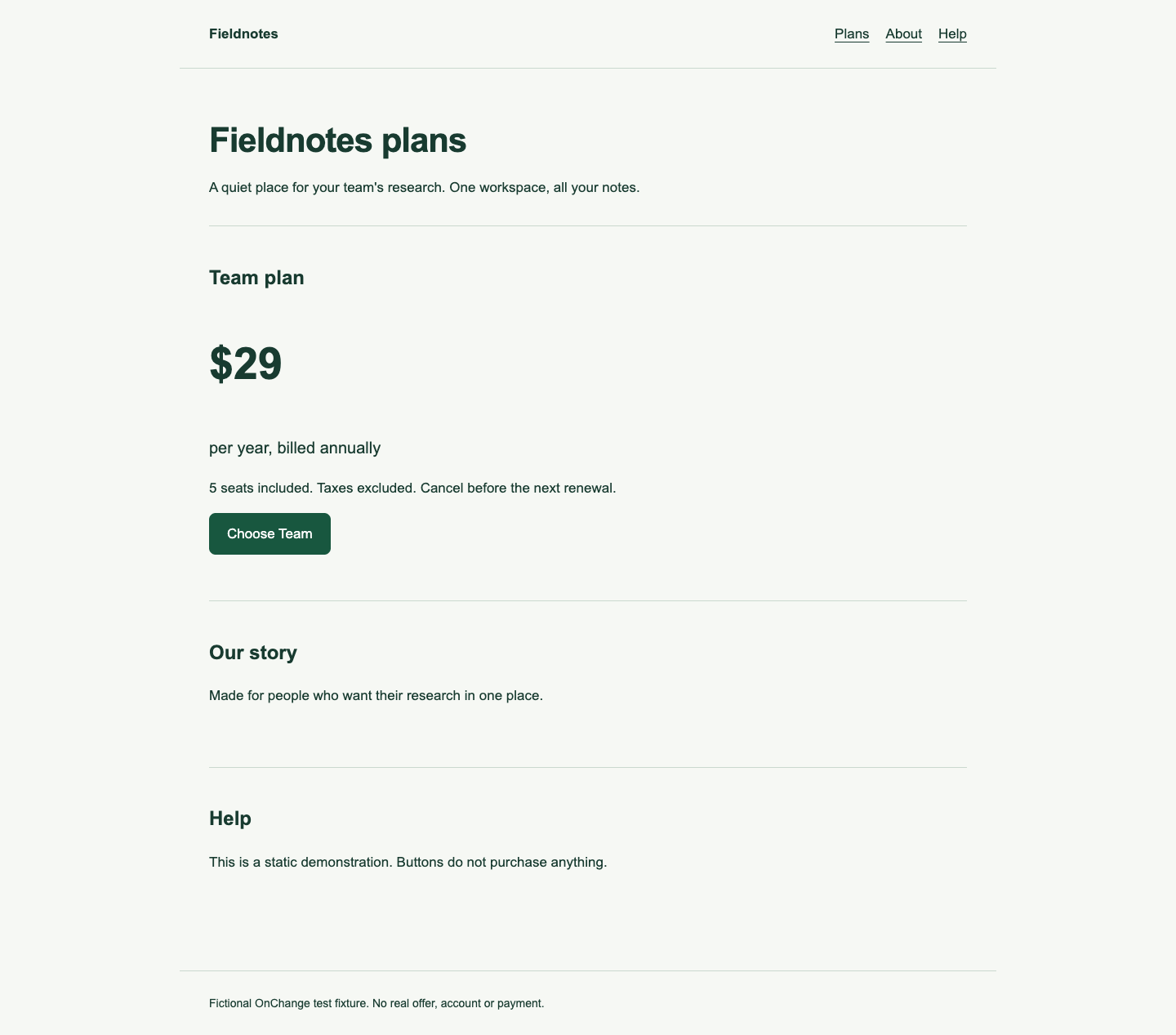 Baseline release fixture: a fictional Team plan costs 29 US dollars per year and has no email signup input.