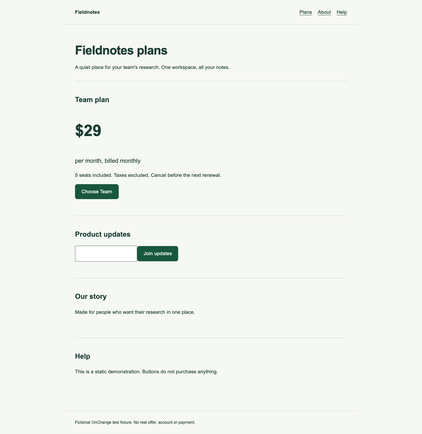 Changed release fixture: the plan now bills monthly and an email signup input appears without a visible or accessible label. The noindex metadata change is not visible.