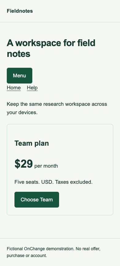 Mobile changed state after opening the menu: Home and Help remain, while Pricing is absent.