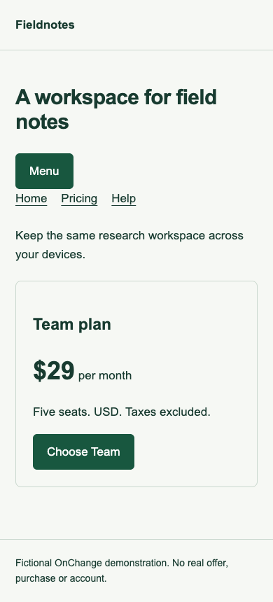 Mobile baseline after opening the menu: Home, Pricing and Help are visible.